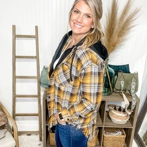 Hoodie Lined Plaid Shacket- Yellow